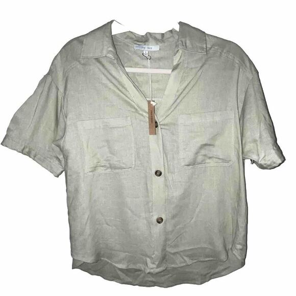 Love‎ Tree Cropped Button Down Shirt Wmns Small Light Green Linen Blend Minimal - Picture 1 of 5